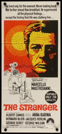 5t946 STRANGER Aust daybill '68 Luchino Visconti's Lo Straniero, cool art of Mastroianni!