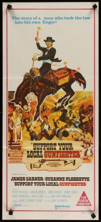 5t954 SUPPORT YOUR LOCAL GUNFIGHTER Aust daybill '71 wacky art of cowboy James Garner on donkey!