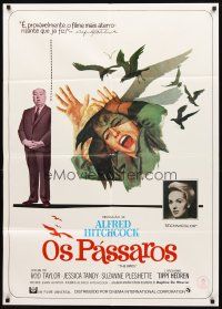 5t003 BIRDS Brazilian '70s Alfred Hitchcock, Tippi Hedren, art of Jessica Tandy attacked by birds!