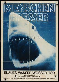 5t309 BLUE WATER, WHITE DEATH German '71 cool super close image of great white shark w/open mouth!