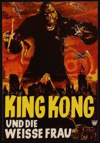 5t255 KING KONG 2-sided German 8x12 R60s Fay Wray, Robert Armstrong, cool art of ape over city!