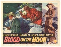 5y244 BLOOD ON THE MOON LC #7 '49 cool image of cowboy Robert Mitchum about to be stabbed in back!