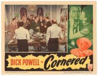 5y313 CORNERED LC '46 cool image of Dick Powell talking to Walter Slezak at party w/ many people!
