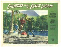 5y317 CREATURE FROM THE BLACK LAGOON LC #7 '54 Julia Adams watches Gozier attack monster on beach!