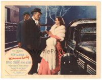 5y363 DISHONORED LADY LC #5 '47 sexy bad girl Hedy Lamarr in fur w/John Loder & fancy car!