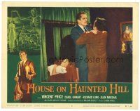 5y491 HOUSE ON HAUNTED HILL LC #2 '59 close up of Vincent Price choking man by sleeping girl!