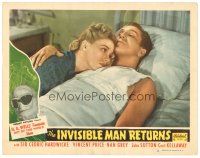 5y524 INVISIBLE MAN RETURNS LC #2 R48 great close up of Vincent Price holding Nan Grey in bed!