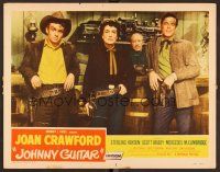 5y537 JOHNNY GUITAR LC #5 '54 Joan Crawford, Ben Cooper & Scott Brady lined up, Nicholas Ray