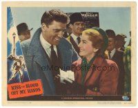 5y549 KISS THE BLOOD OFF MY HANDS LC #7 '48 c/u of Joan Fontaine smiling with Burt Lancaster!