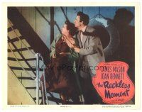 5y753 RECKLESS MOMENT LC #4 '49 James Mason with scared Joan Bennett, directed by Max Ophuls!