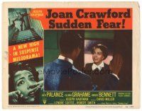 5y858 SUDDEN FEAR LC #7 '52 Joan Crawford is scared to see the man in her doorway!