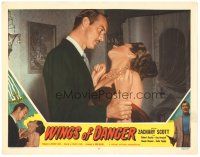 5y978 WINGS OF DANGER LC #7 '52 Zachary Scott roughs up Kay Kendall in Terence Fisher film noir!