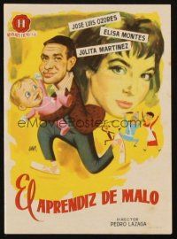 6b719 EL APRENDIZ DE MALO Spanish herald '58 Jano art of Jose Luis Ozores & Elisa Montes w/baby!
