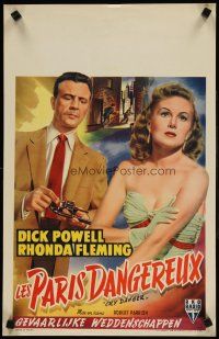 5z066 CRY DANGER Belgian '51 great film noir art of Dick Powell loading gun + sexy Rhonda Fleming!