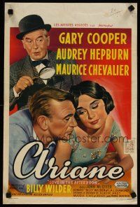 5z149 LOVE IN THE AFTERNOON Belgian '57 art of Gary Cooper, Audrey Hepburn, Maurice Chevalier