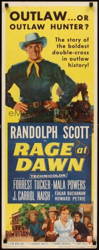 5z659 RAGE AT DAWN insert '55 cool artwork of outlaw hunter Randolph Scott by train!