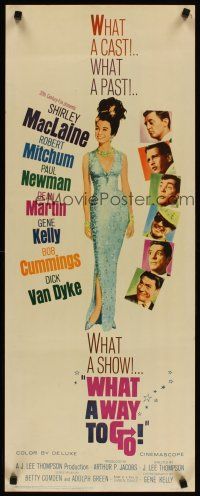 5z792 WHAT A WAY TO GO insert '64 Paul Newman, Mitchum, Dean Martin, full-length Shirley MacLaine!