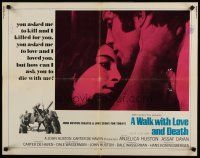 6a644 WALK WITH LOVE & DEATH 1/2sh '69 John Huston, Anjelica Huston romantic close up!