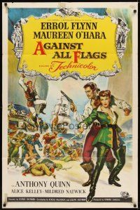 6c037 AGAINST ALL FLAGS 1sh '52 cool Brown artwork of pirate Errol Flynn w/swashbuckling O'Hara!