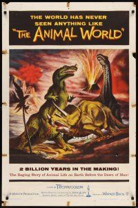 6c063 ANIMAL WORLD 1sh '56 great artwork of dinosaurs & erupting volcano!