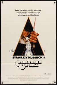 6c210 CLOCKWORK ORANGE r-rated 1sh '72 Stanley Kubrick classic, Philip Castle art of McDowell!