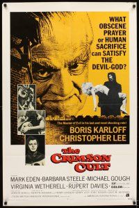 6c241 CRIMSON CULT 1sh '70 Boris Karloff, Christopher Lee, what can satisfy the devil-god?