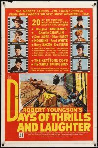 6c262 DAYS OF THRILLS & LAUGHTER 1sh '61 Charlie Chaplin, Laurel & Hardy, cool train chase art!
