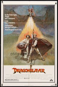 6c305 DRAGONSLAYER 1sh '81 cool Jeff Jones fantasy artwork of Peter MacNicol w/spear & dragon!