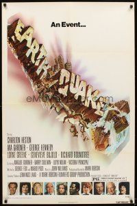 6c315 EARTHQUAKE 1sh '74 Charlton Heston, Ava Gardner, cool Joseph Smith disaster title art!