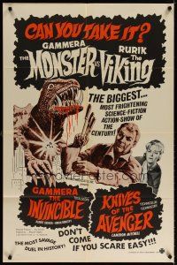 6c413 GAMMERA THE INVINCIBLE/KNIVES OF THE AVENGER 1sh '60s sci-fi horror, can you take it?!