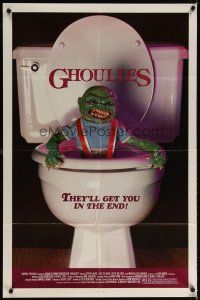 6c421 GHOULIES 1sh '85 wacky horror image of goblin in toilet, they'll get you in the end!