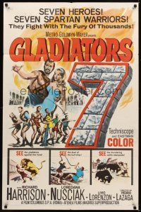 6c431 GLADIATORS SEVEN 1sh '63 art of 7 Spartan warriors who fight with the fury of thousands
