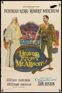 6c475 HEAVEN KNOWS MR. ALLISON 1sh '57 barechested Robert Mitchum w/rifle & nun Deborah Kerr!