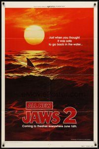 6c533 JAWS 2 style B teaser 1sh '78 classic art of man-eating shark's fin in red water at sunset!