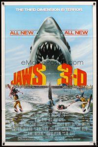 6c534 JAWS 3-D 1sh '83 great Gary Meyer shark artwork, the third dimension is terror!