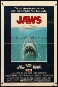 6c530 JAWS 1sh '75 Steven Spielberg classic man-eating shark attacking sexy swimmer!