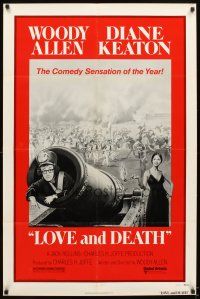 6c591 LOVE & DEATH style C 1sh '75 Diane Keaton about to fire Woody Allen out of a cannon!