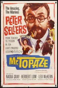 6c643 MR. TOPAZE 1sh '62 close-up of bearded Peter Sellers w/cigar, Nadia Gray!