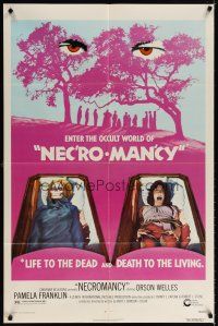 6c662 NECROMANCY 1sh '72 Orson Welles, occult world horror art of girl & skeleton in coffins!