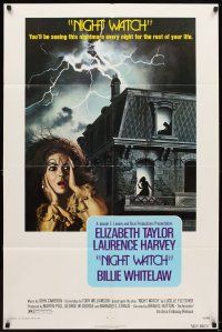 6c672 NIGHT WATCH 1sh '73 Elizabeth Taylor & Laurence Harvey, horror!