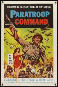 6c700 PARATROOP COMMAND 1sh '59 AIP, WWII sky-diving, cool art of soldiers & sexy Carolyn Hughes!