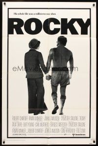 6c758 ROCKY 1sh '76 boxer Sylvester Stallone holding hands with Talia Shire, boxing classic!