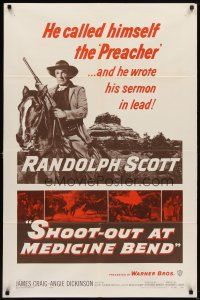 6c799 SHOOT-OUT AT MEDICINE BEND 1sh '57 Preacher Randolph Scott wrote his sermon in lead!