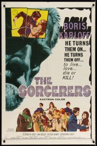 6c825 SORCERERS 1sh '67 Boris Karloff turns them on & off to live, love, die or KILL!