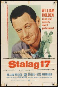 6c839 STALAG 17 1sh R59 huge different close up of William Holden, Billy Wilder WWII classic!
