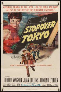 6c850 STOPOVER TOKYO 1sh '57 artwork of sexy Joan Collins & spy Robert Wagner in Japan!