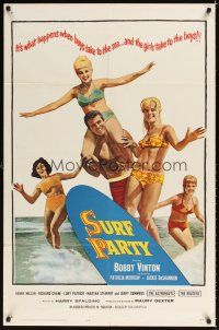 6c868 SURF PARTY 1sh '64 when Beach Boys meet Surf Sweeties, it's a real swingin' splash of fun!