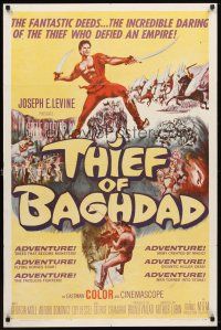 6c905 THIEF OF BAGHDAD 1sh '61 daring Steve Reeves does fantastic deeds & defies an empire!