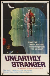 6c941 UNEARTHLY STRANGER 1sh '64 cool art of weird macabre unseen thing out of time & space!