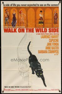 6c961 WALK ON THE WILD SIDE 1sh '62 cool artwork of black cat on stairs & sexy stars on balcony!